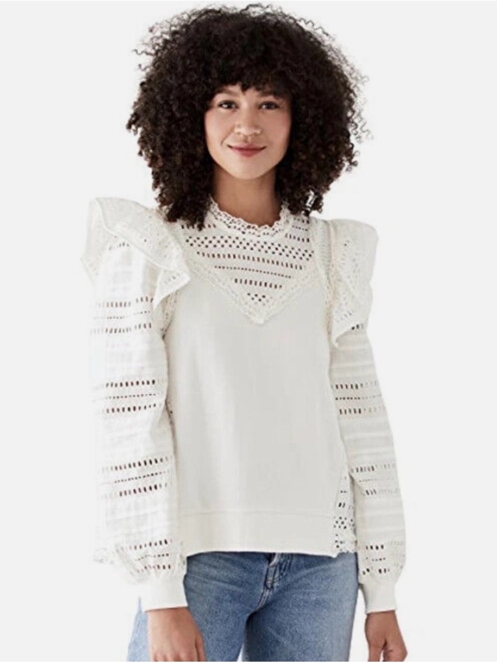 Sea New York White Eyelet Lace Ruffle-Sleeve Blouse
